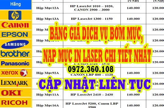 Bảng Giá Dịch Vụ Bơm Mực, Nạp Mực In Laser Chi Tiết Nhất